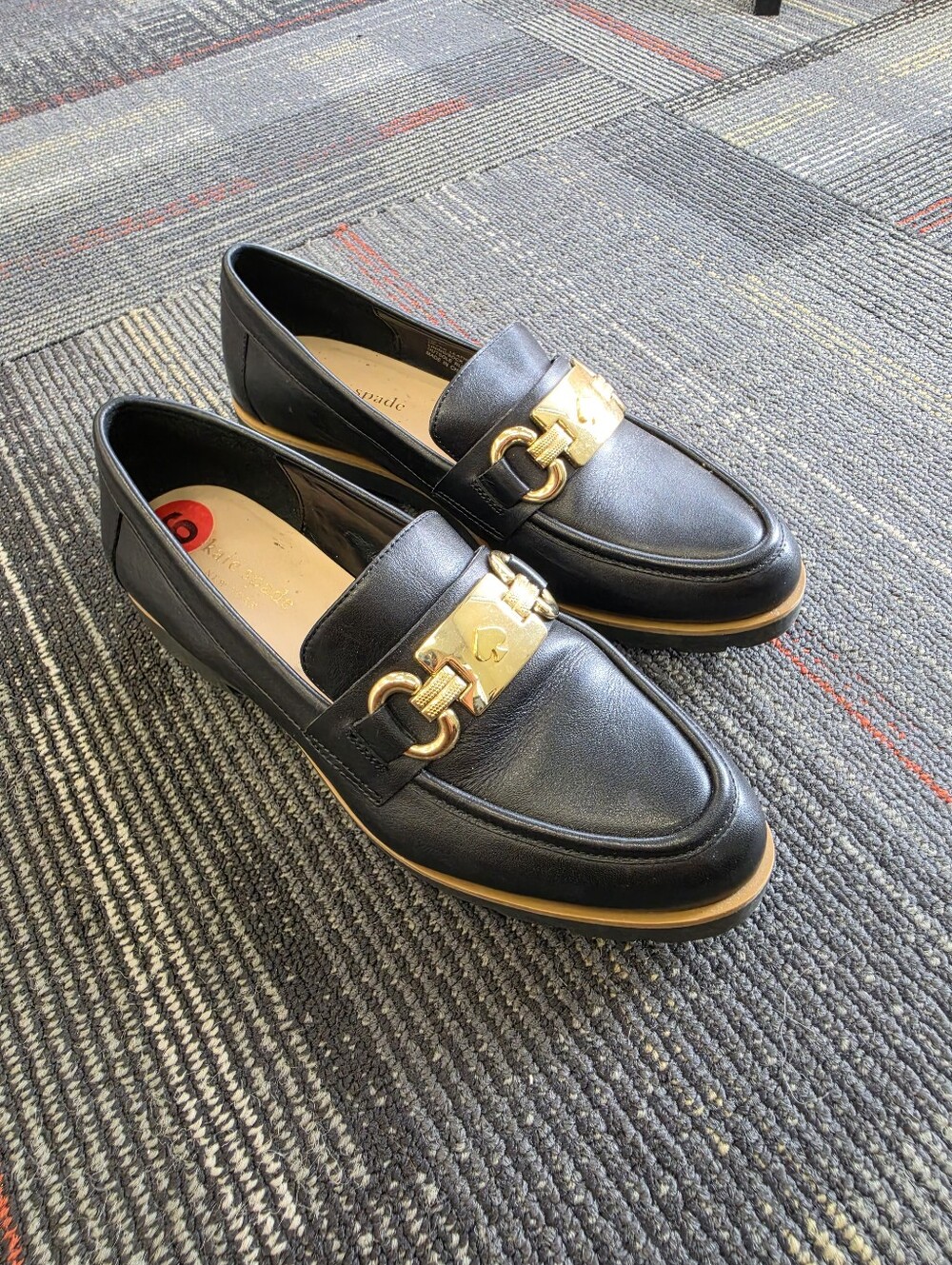 Kate Spade New York Black Leather Gold Spade Bit Chunky Loafers Size 6